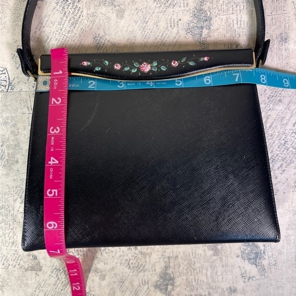 Etra Purse Vintage 1960's Black Leather French Hand painted with Pink Flowers - Picture 13 of 15